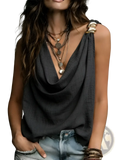 Dark gray halterneck embellished tank top with loose fit, cowl neck, draped front, and thin straps