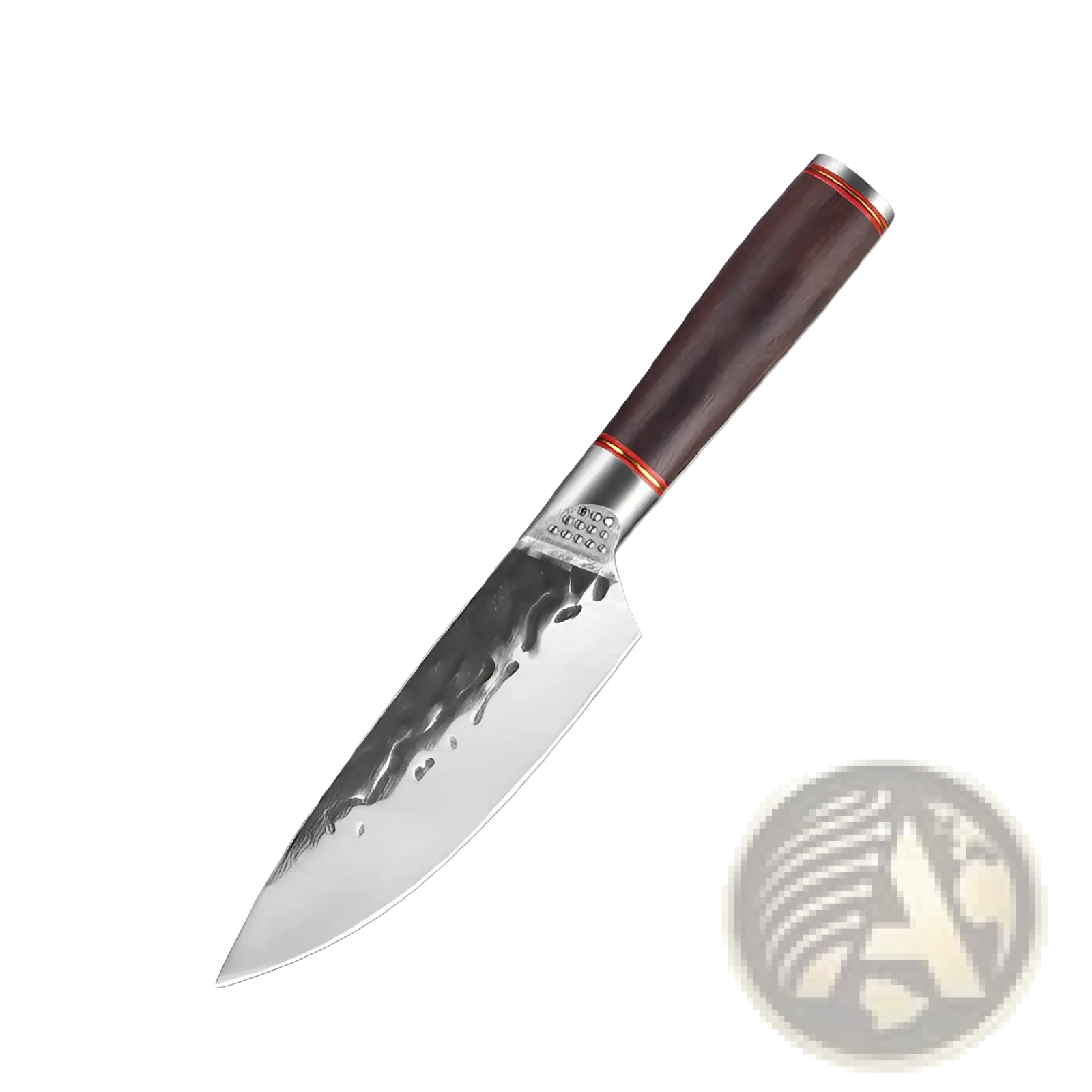 A sleek chef knife with a hammered stainless steel blade and dark brown wooden handle with red stitching