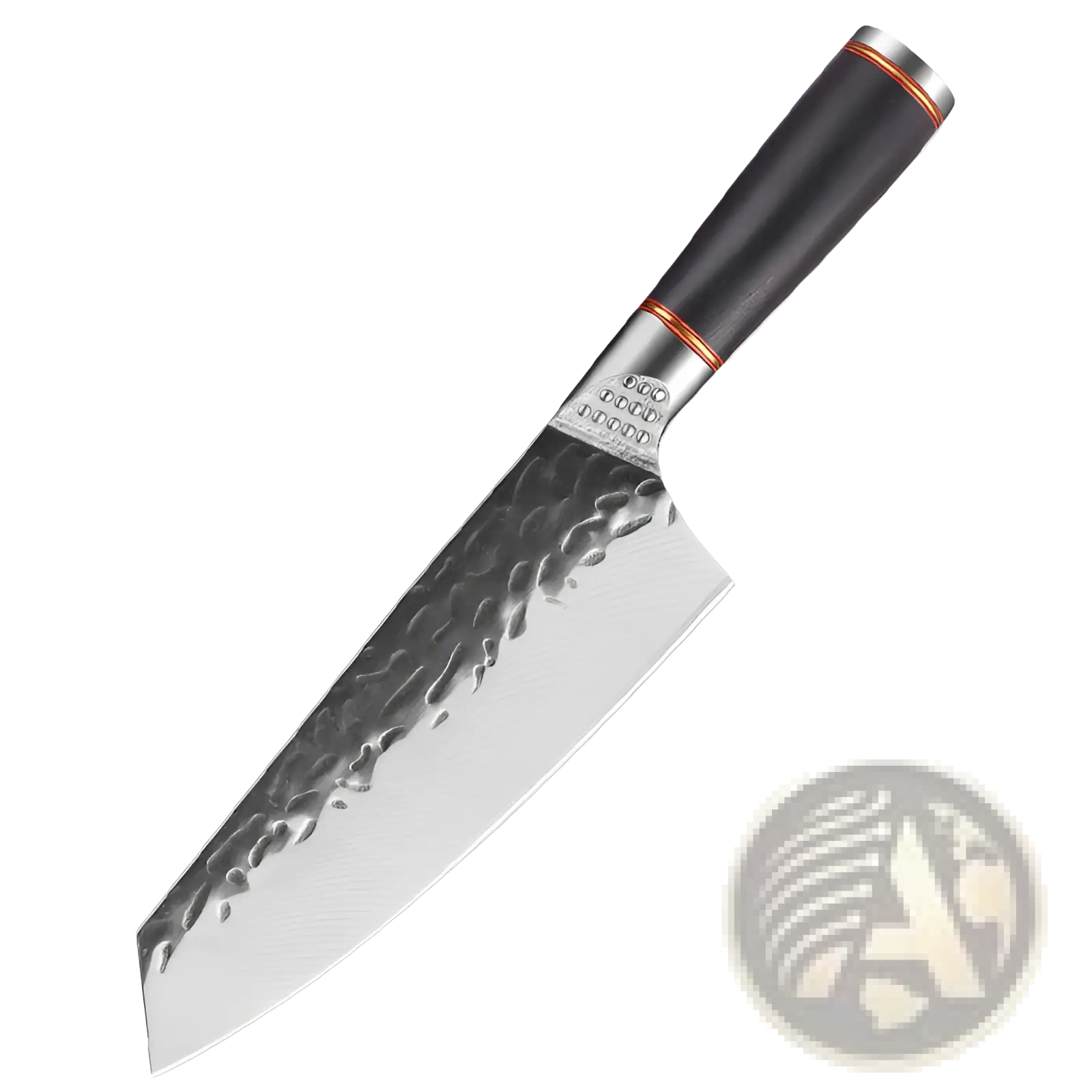 A sleek hammered stainless steel chef knife with a black handle and copper-colored rings in a 5 piece set
