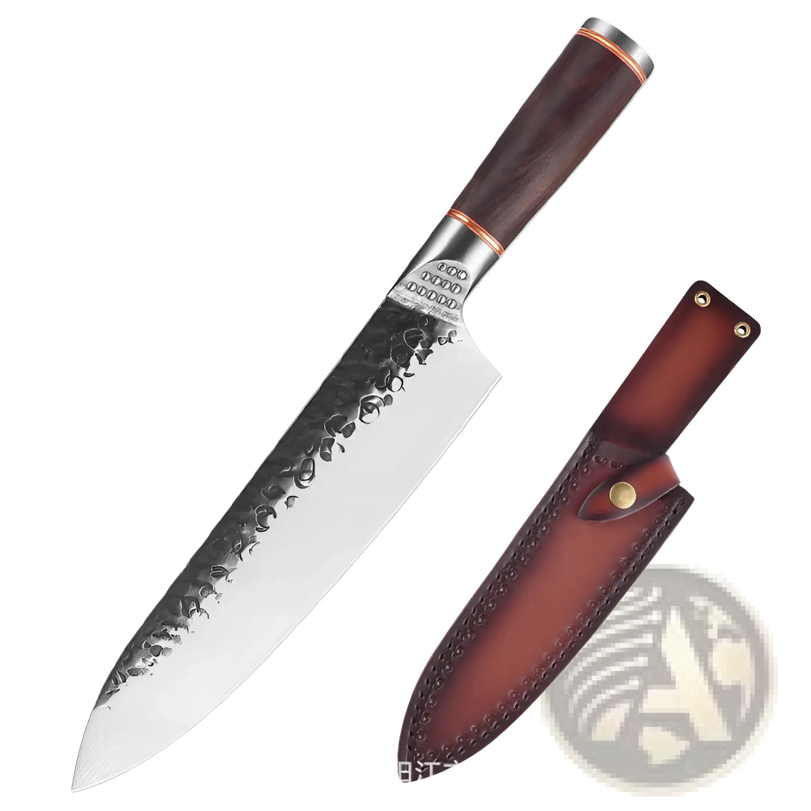 A hammered stainless steel chef knife set with copper accents and a rich brown wooden handle with leather sheath