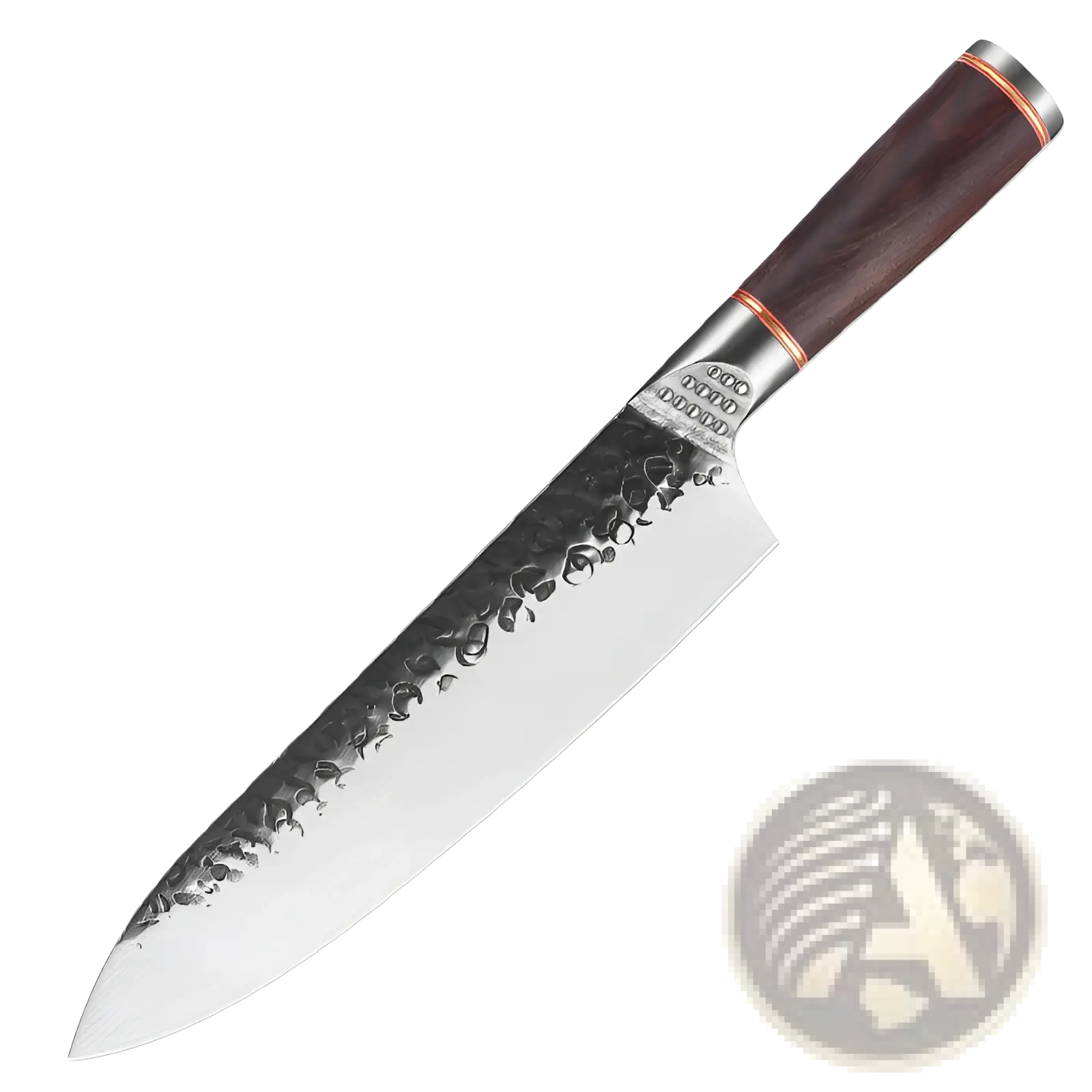 A sleek hammered stainless steel chef knife with a dark wood handle and copper accents from a 5 piece set