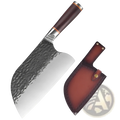 A hammered stainless steel cleaver with a dark brown wooden handle and copper accents beside its leather sheath