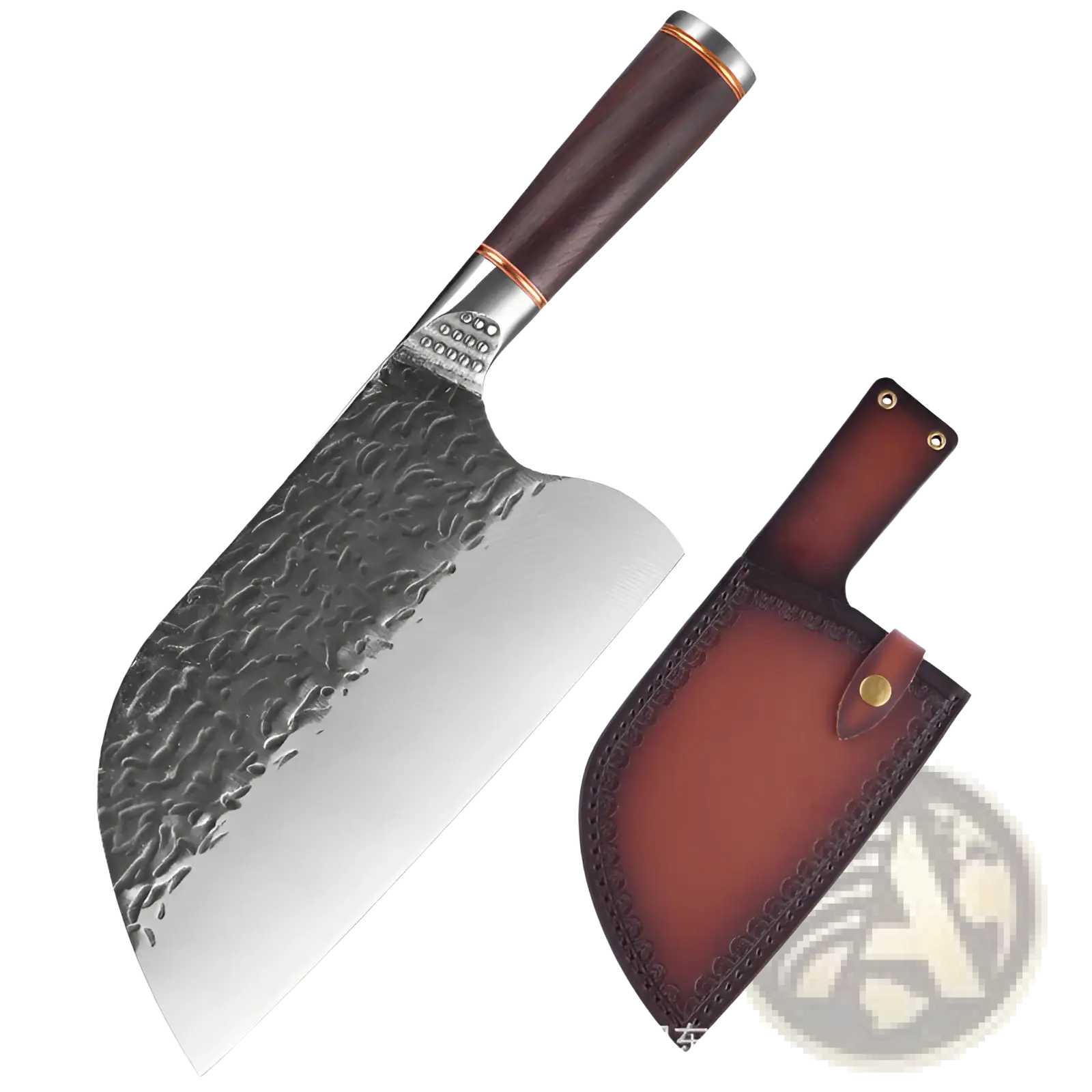 A hammered stainless steel cleaver with a dark brown wooden handle and copper accents beside its leather sheath