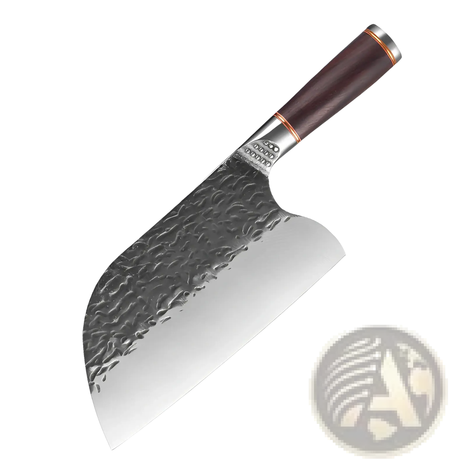 A sleek hammered stainless steel cleaver with a rich brown wooden handle and copper bands from a 5 piece chef knife set