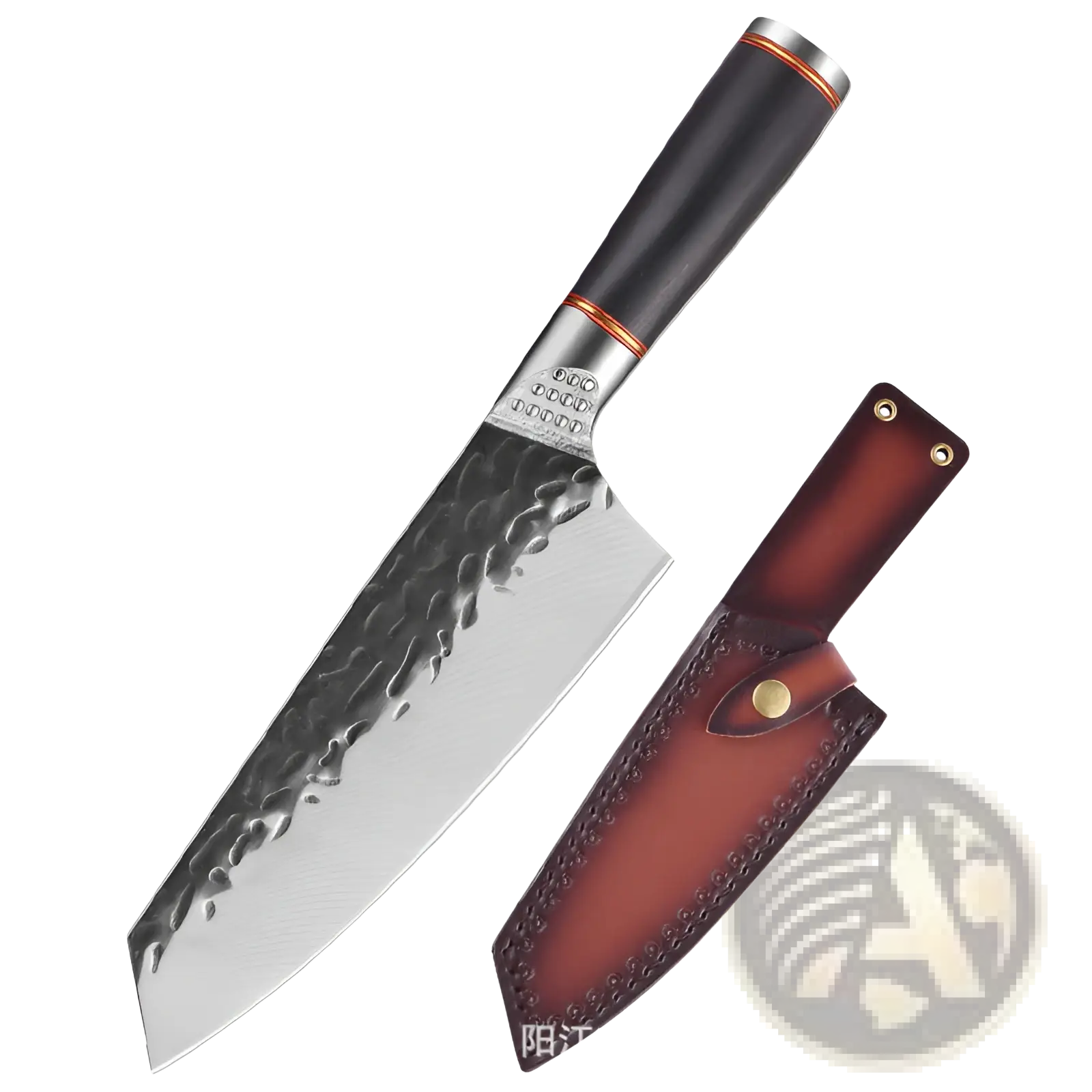 A hammered stainless steel chef knife set 5 piece with black textured handle copper bands and brown leather sheath