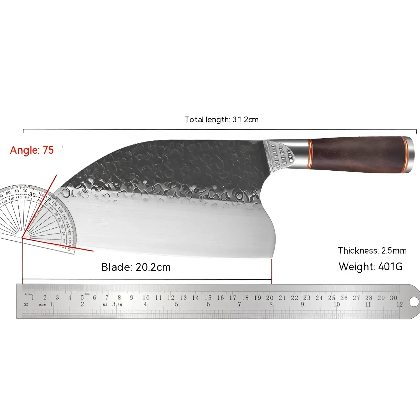 A hammered stainless steel chef knife with a dark wooden handle measuring 31.2cm for heavy-duty use