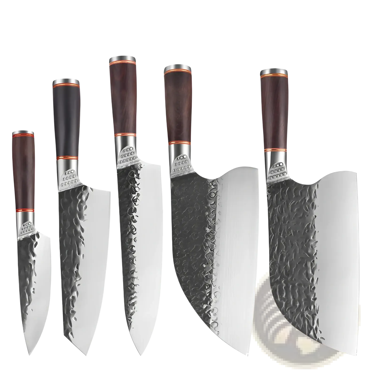 Set of five hammered stainless steel chef knives with dark brown wooden handles for professional kitchen use