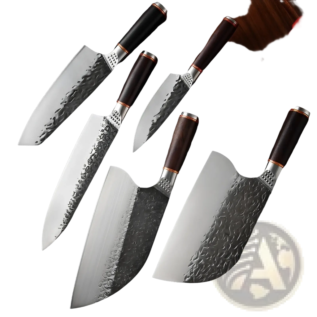 Set of five stainless steel chef knives with dark wooden handles and hammered blade patterns in a 5-piece set