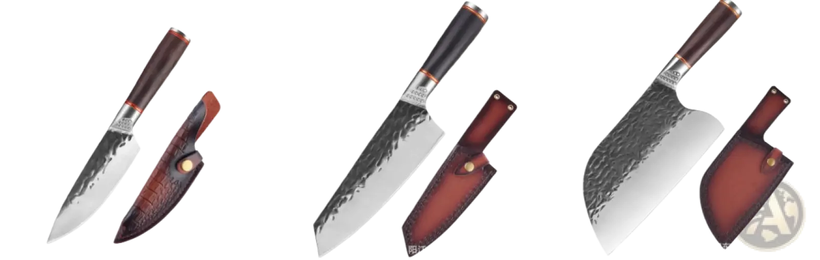 Hammered stainless steel chef knife set with three dark brown wooden handles and matching leather sheaths