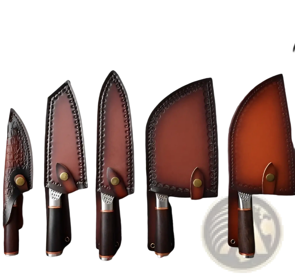 Set of five brown leather knife sheaths with brass rivets and dark wooden handles for hammered stainless steel chef knives