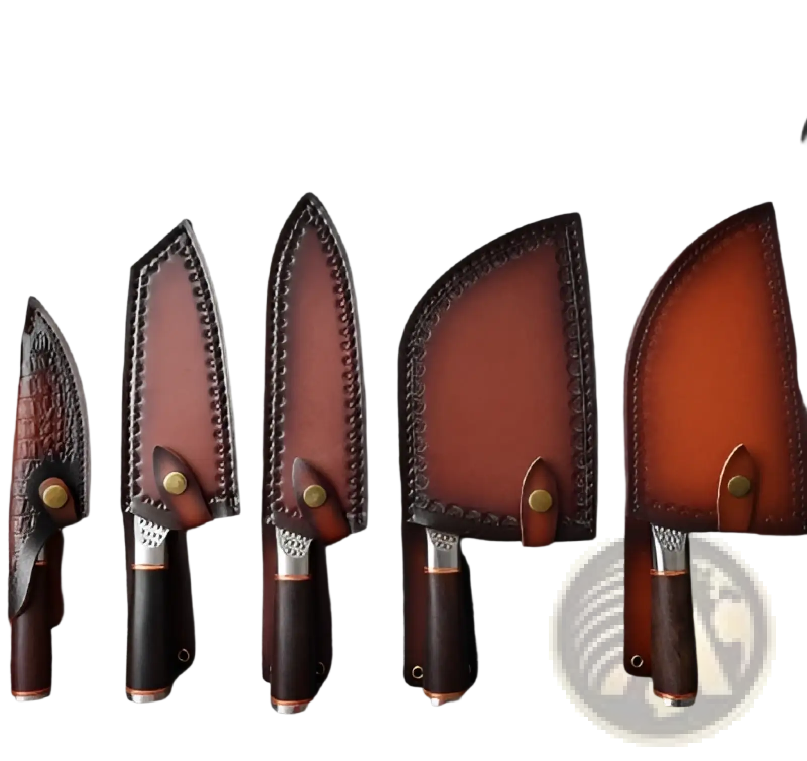 Set of five brown leather knife sheaths with brass rivets and dark wooden handles for hammered stainless steel chef knives