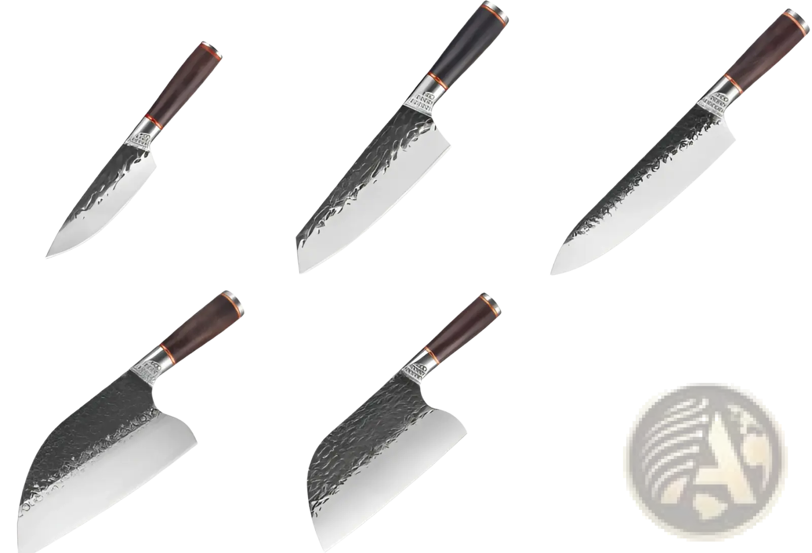 Set of five japanese chef knives with dark brown wooden handles and hammered stainless steel blades for professional use