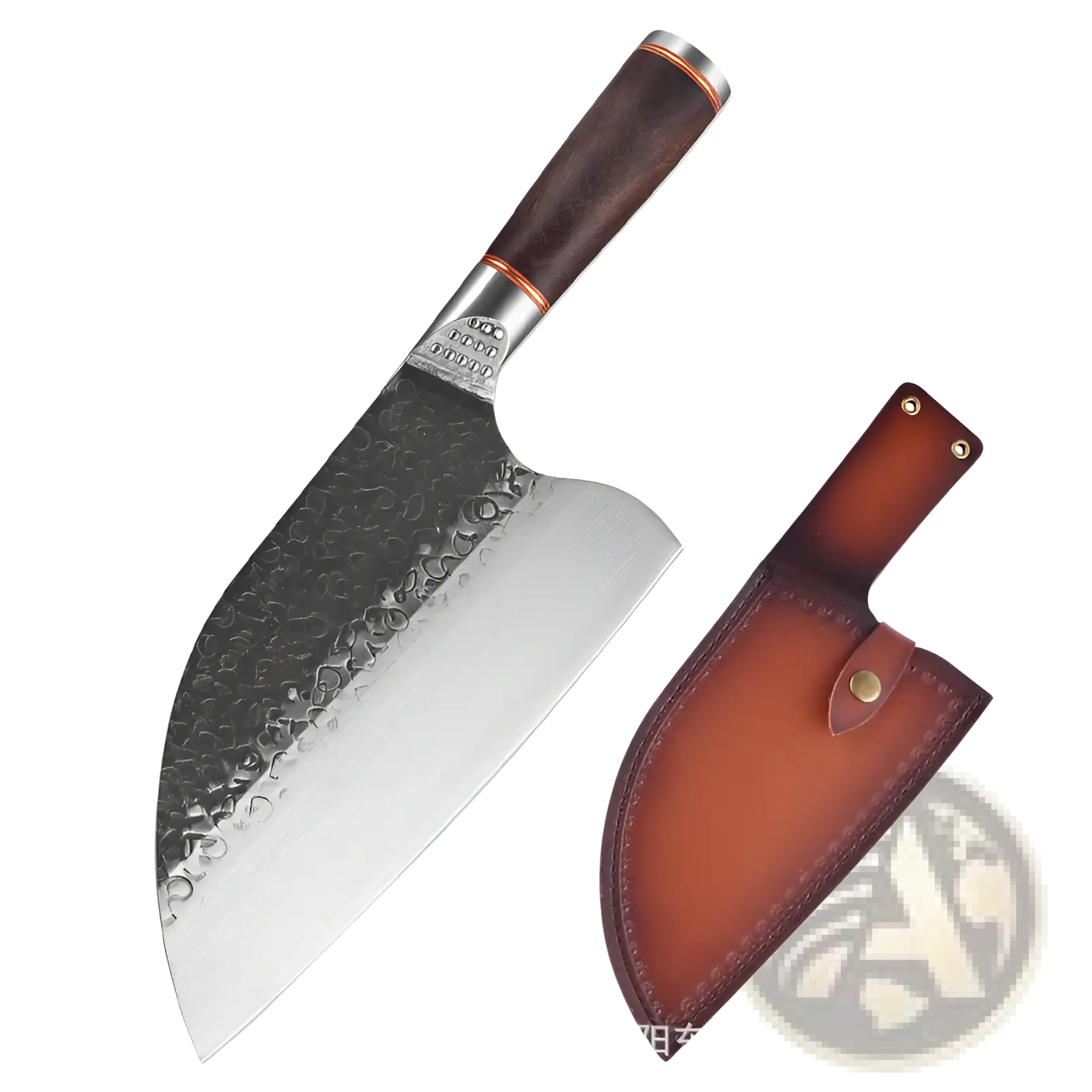 A hammered stainless steel chef knife set with a sleek dark brown wooden handle and copper accents with leather sheath