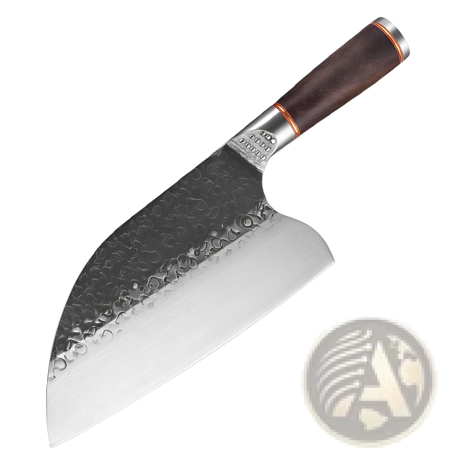 A sleek hammered stainless steel chef knife with a dark brown wooden handle and copper-colored metal rings