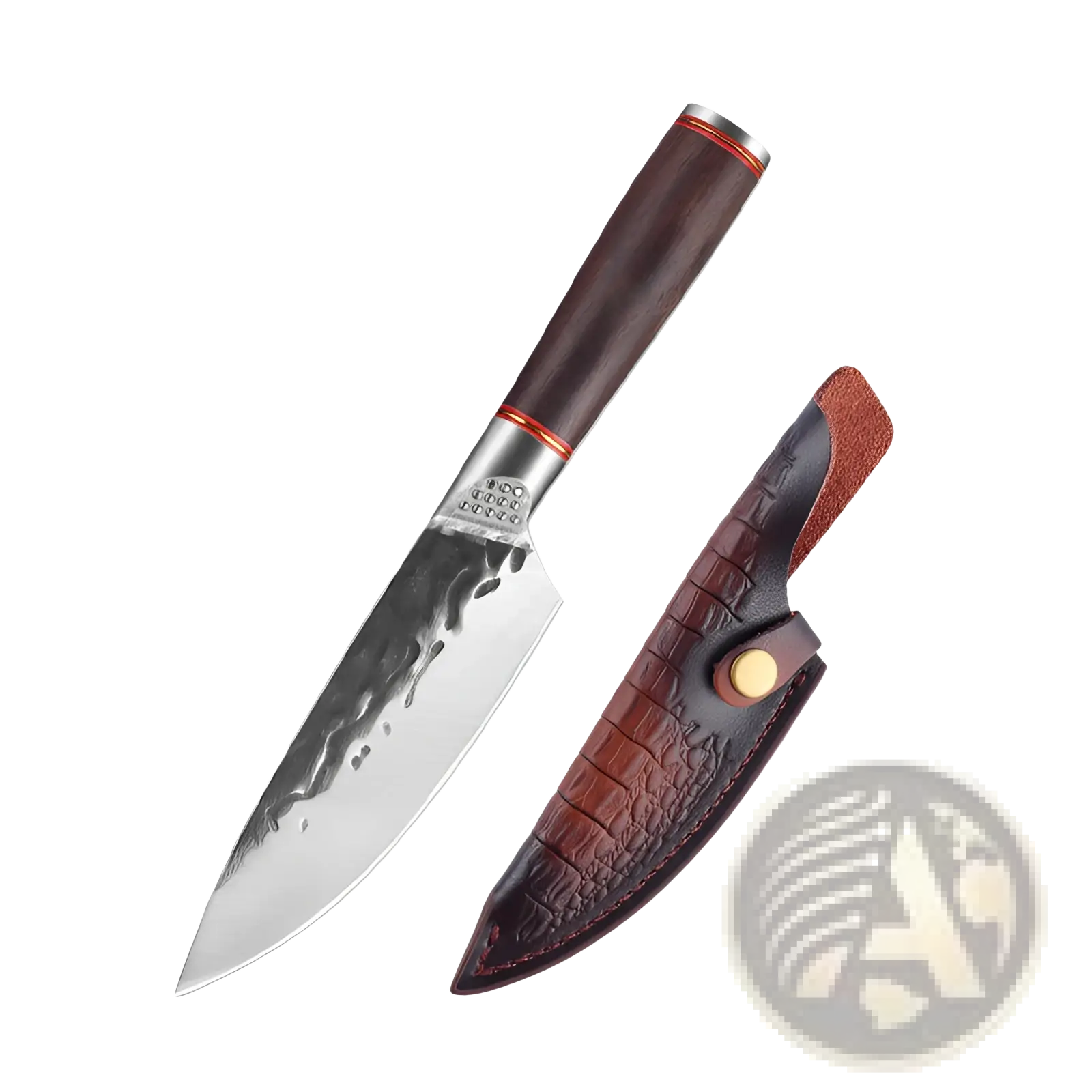 A hammered stainless steel chef knife with a dark brown wooden handle and crocodile leather sheath from five piece set