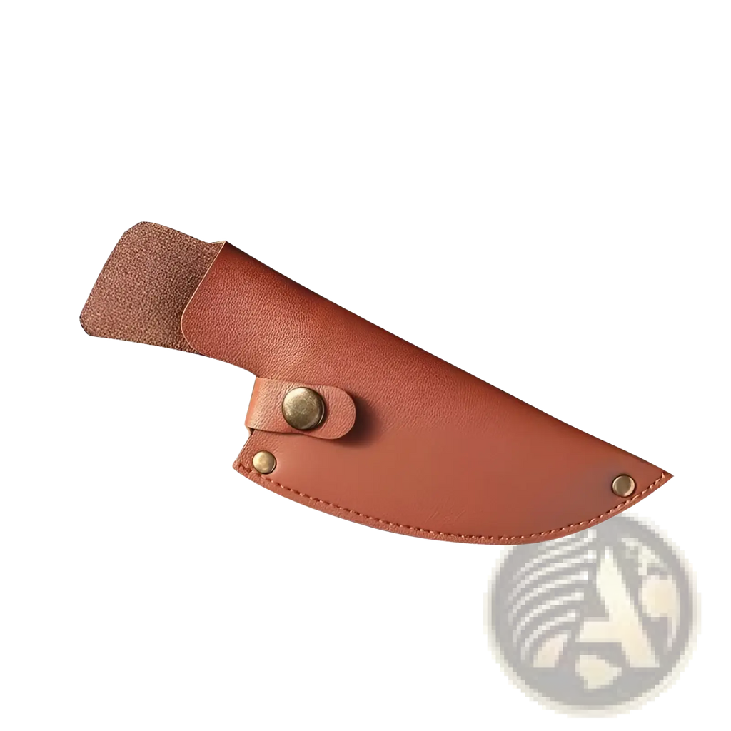 Tan leather sheath with brass button closure and stitched edges for hammered steel boning knife