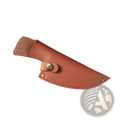 Tan leather sheath with brass button closure and stitched edges for hammered steel boning knife