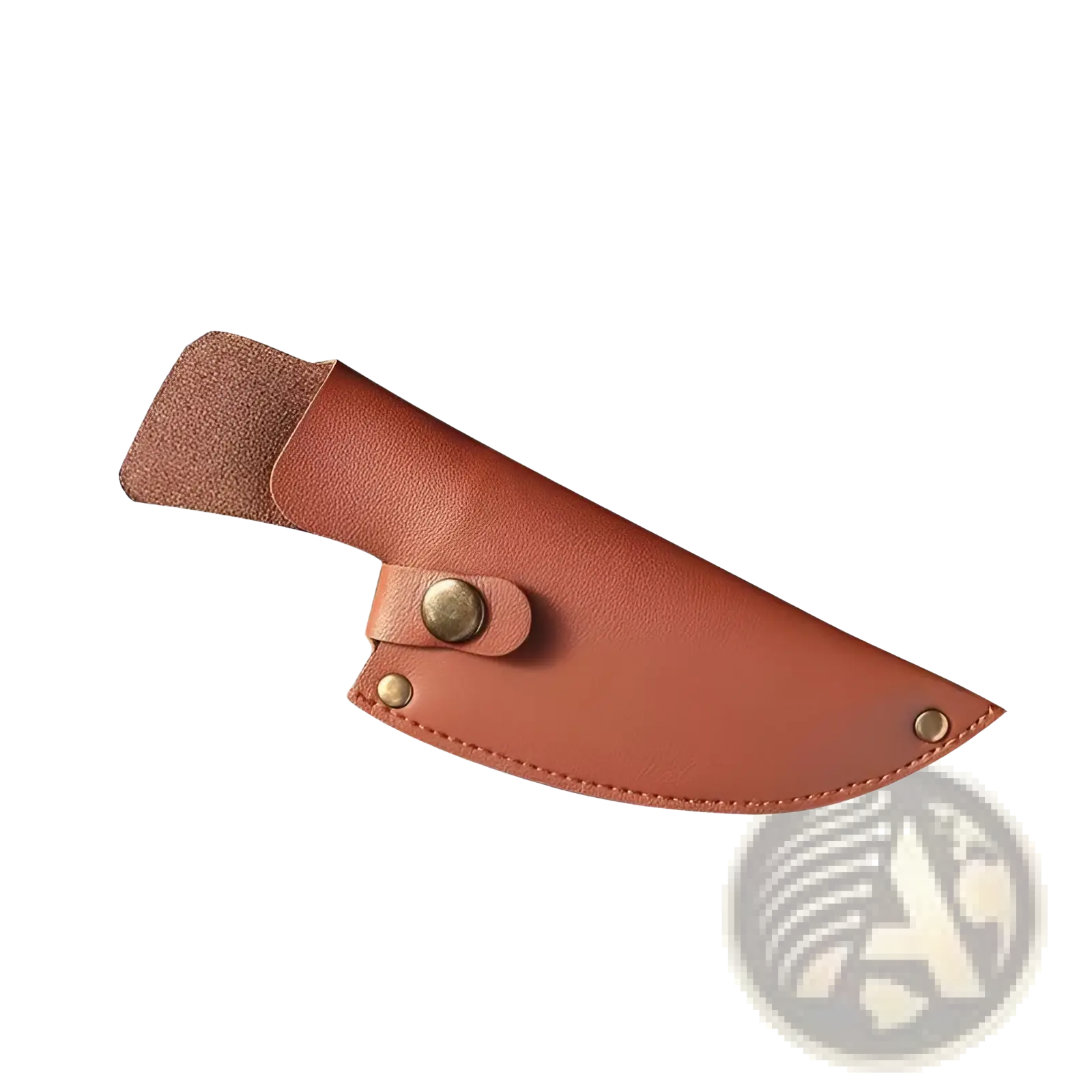 Tan leather sheath with brass button closure and stitched edges for hammered steel boning knife