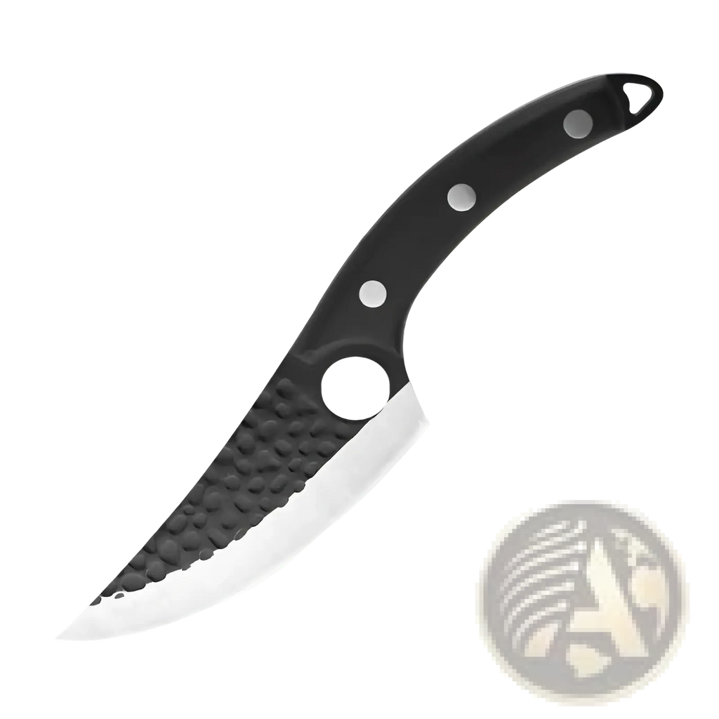 Black-handled hammered steel boning knife with three silver rivets and leather sheath for precise meat trimming