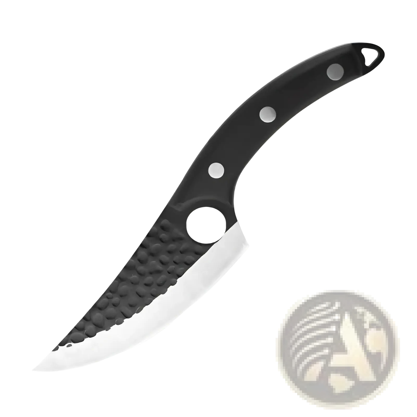 Black-handled hammered steel boning knife with three silver rivets and leather sheath for precise meat trimming