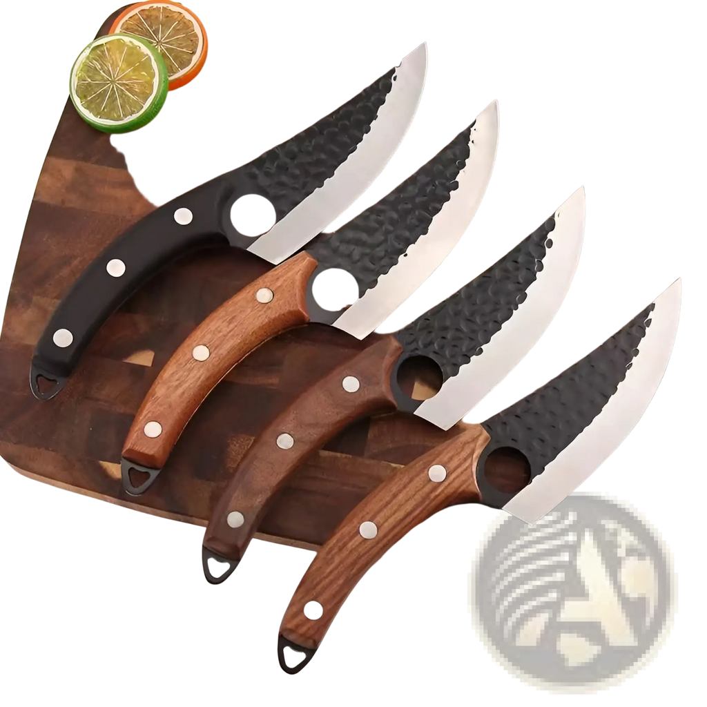 Set of four black and wood-handled chef knives with hammered steel blades including hammered steel boning knife