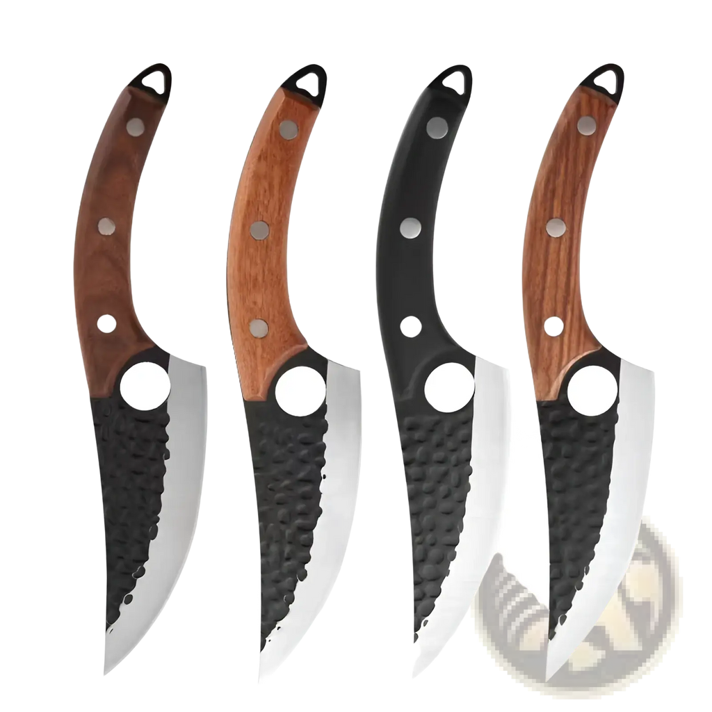 Set of four rustic hammered steel boning knives with wooden and black handles and textured blades with leather sheath
