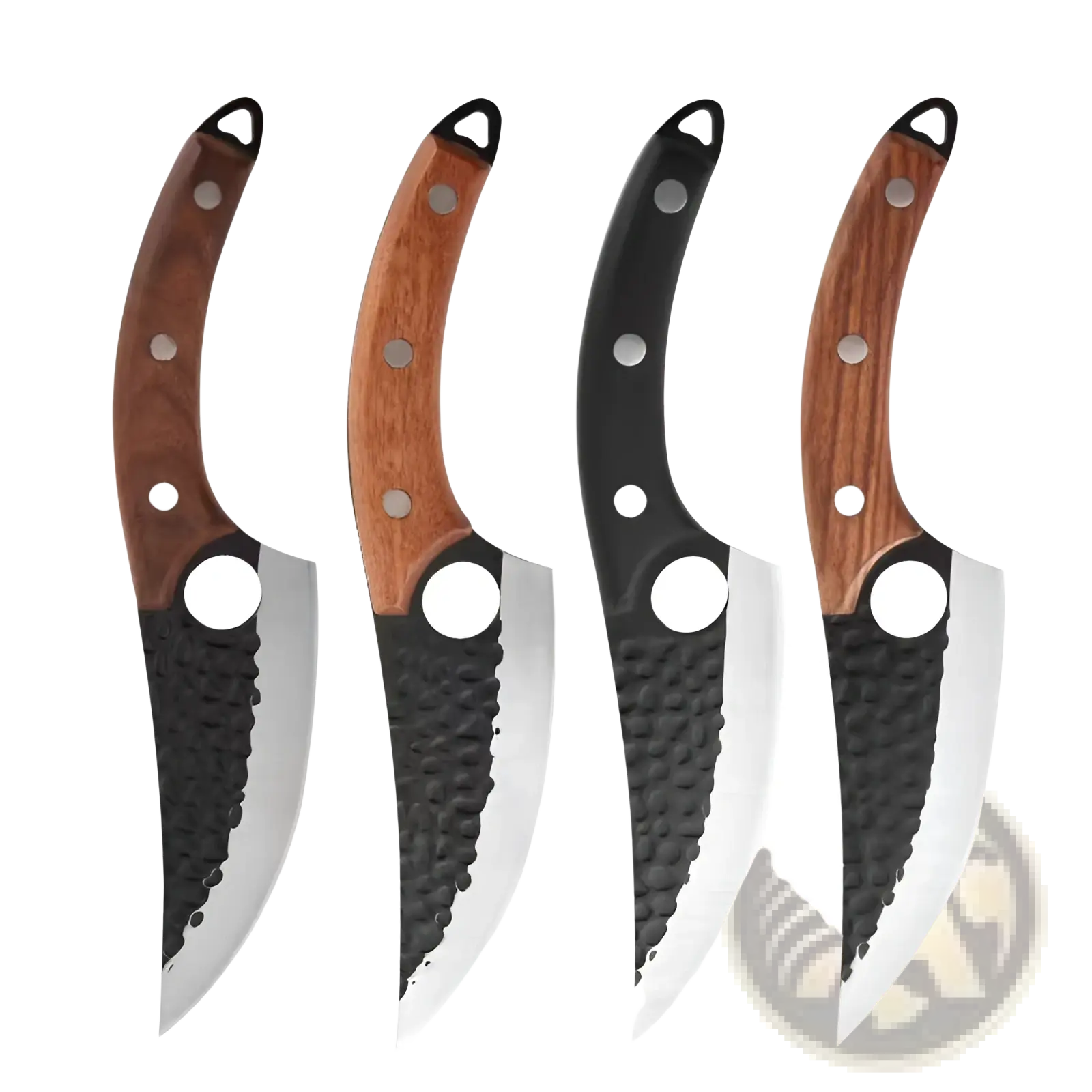 Set of four rustic hammered steel boning knives with wooden and black handles and textured blades with leather sheath