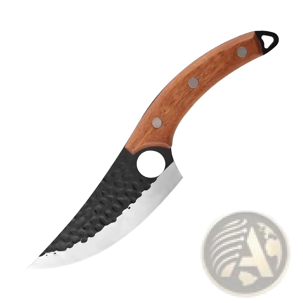 A hammered steel boning knife with a curved black and silver blade and a warm brown wooden handle with rivets