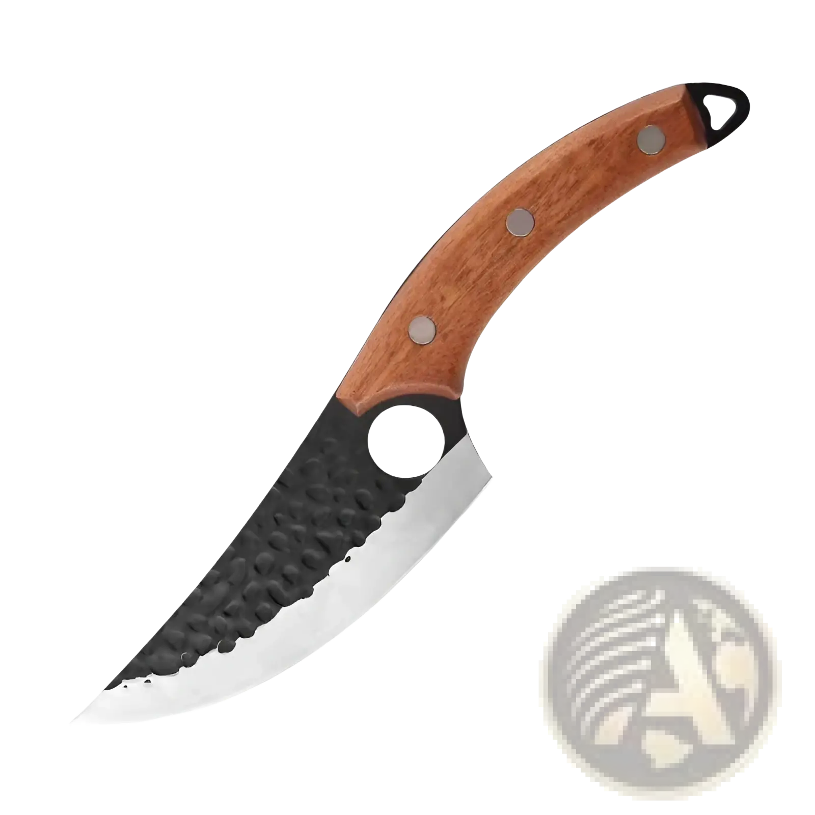 A hammered steel boning knife with a curved black and silver blade and a warm brown wooden handle with rivets