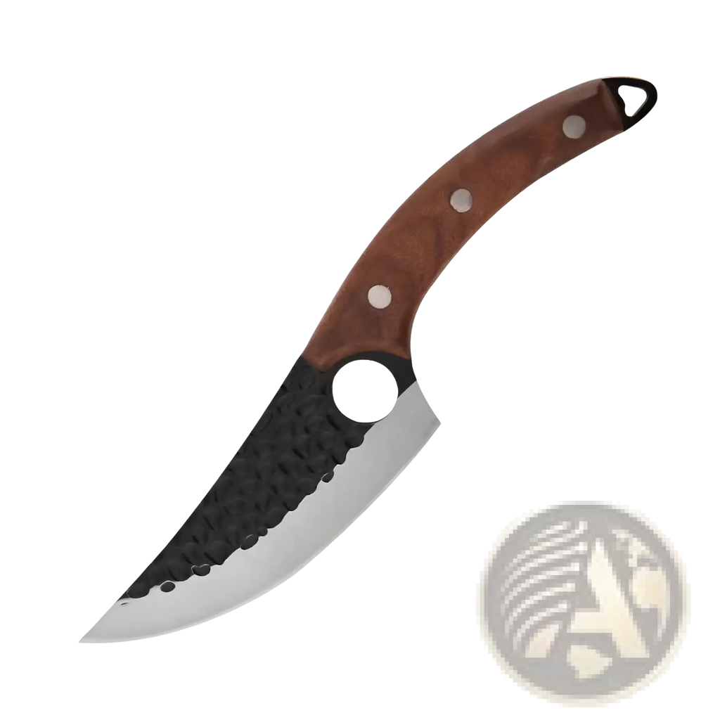 Hammered steel boning knife with polished curved stainless steel blade, black hammered finish, and brown wooden handle