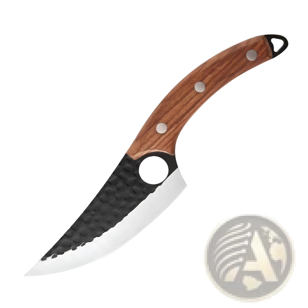 A hammered steel boning knife with a curved blade, wooden handle with three silver rivets, and black bolster