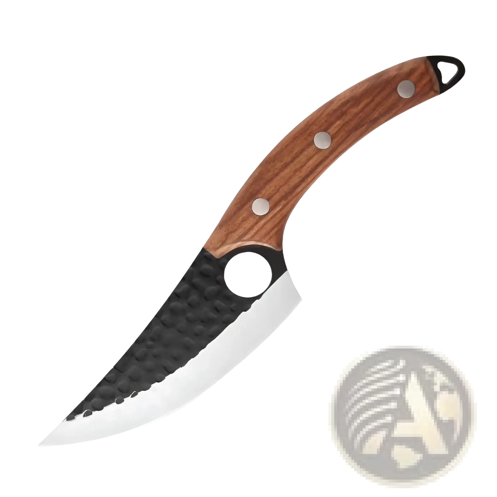 A hammered steel boning knife with a curved blade, wooden handle with three silver rivets, and black bolster