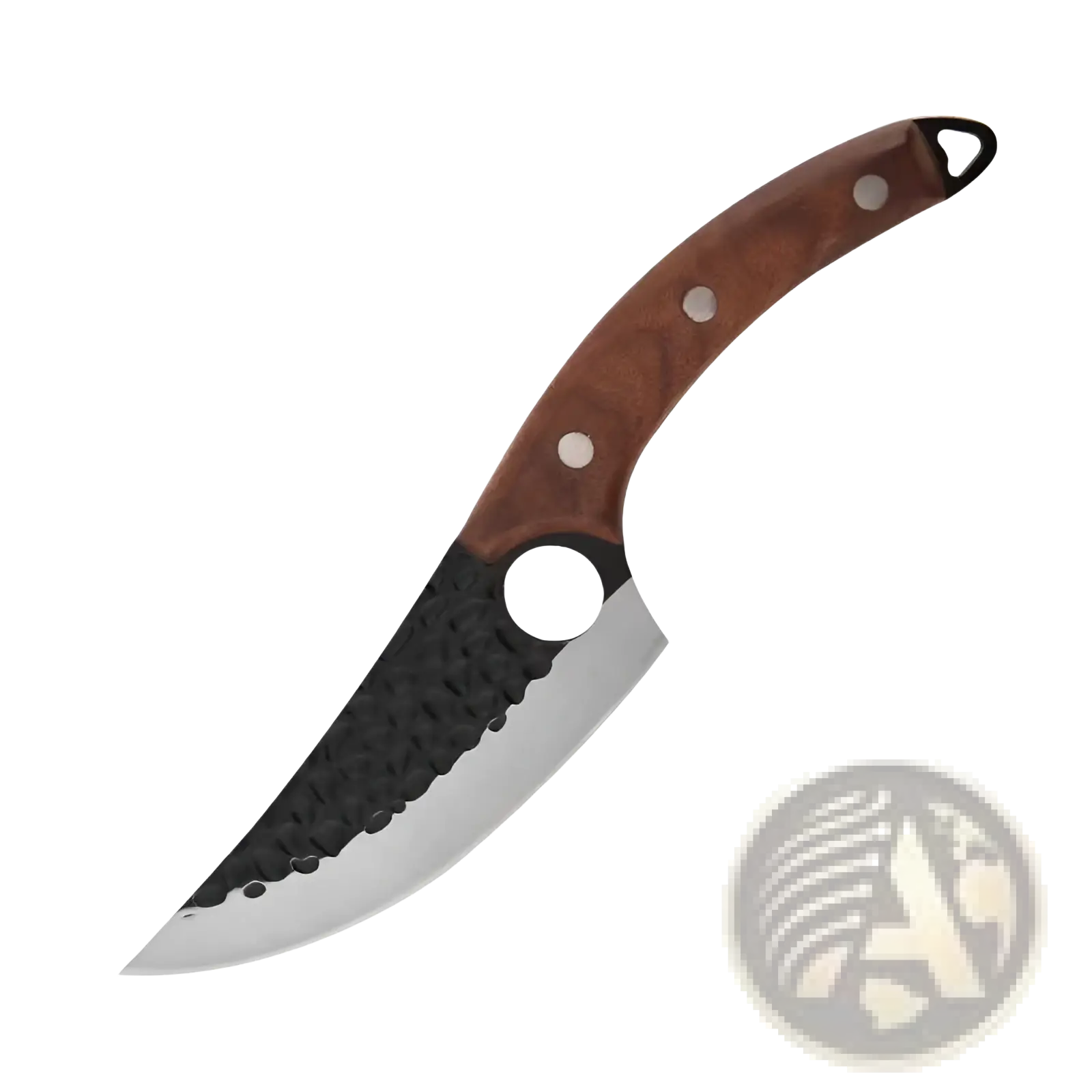 Hammered steel boning knife with polished curved stainless steel blade, hammered black finish, and brown wooden handle