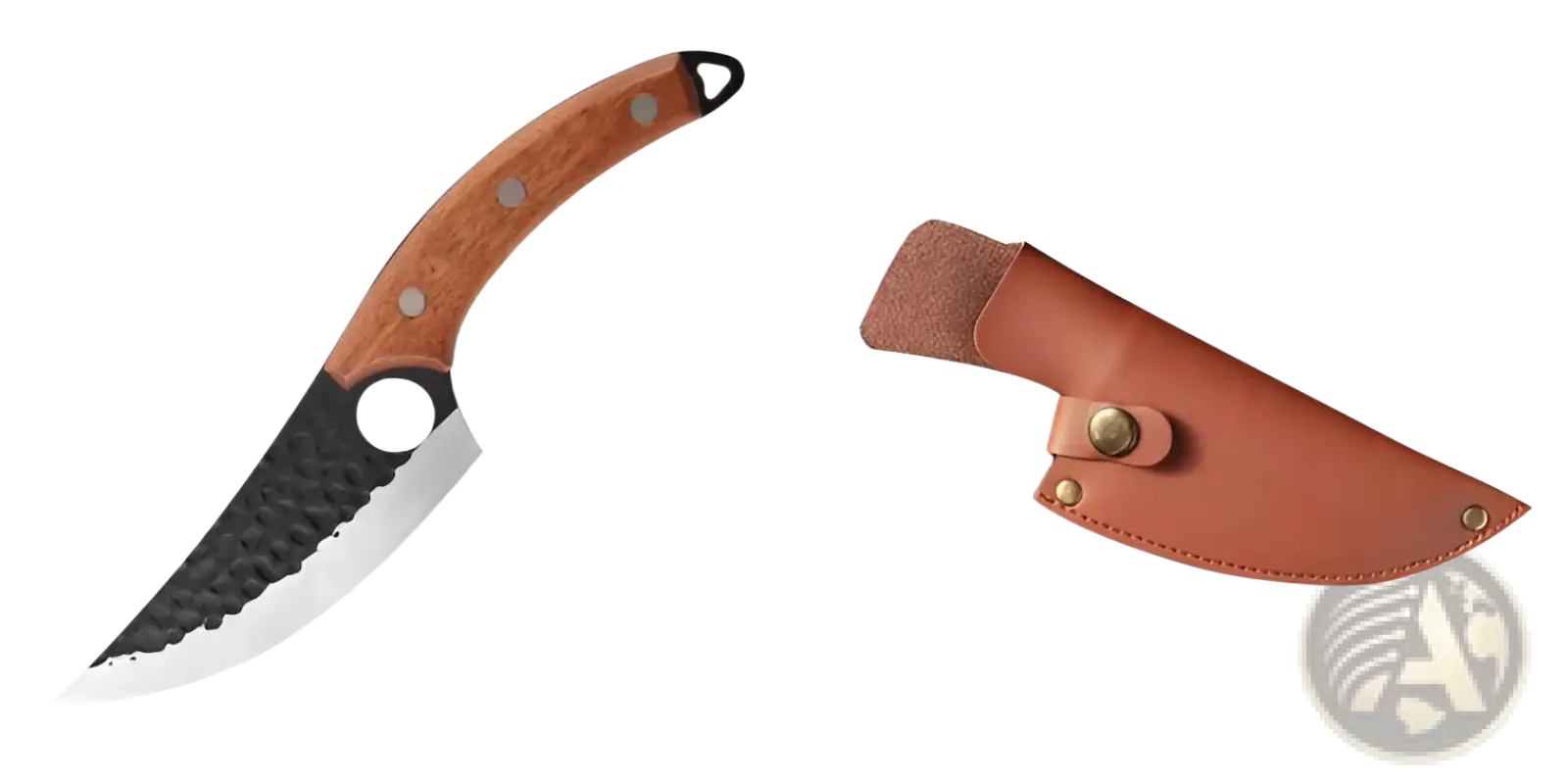 Hammered steel boning knife with brown wooden handle black hammered steel blade and silver bolster with leather sheath