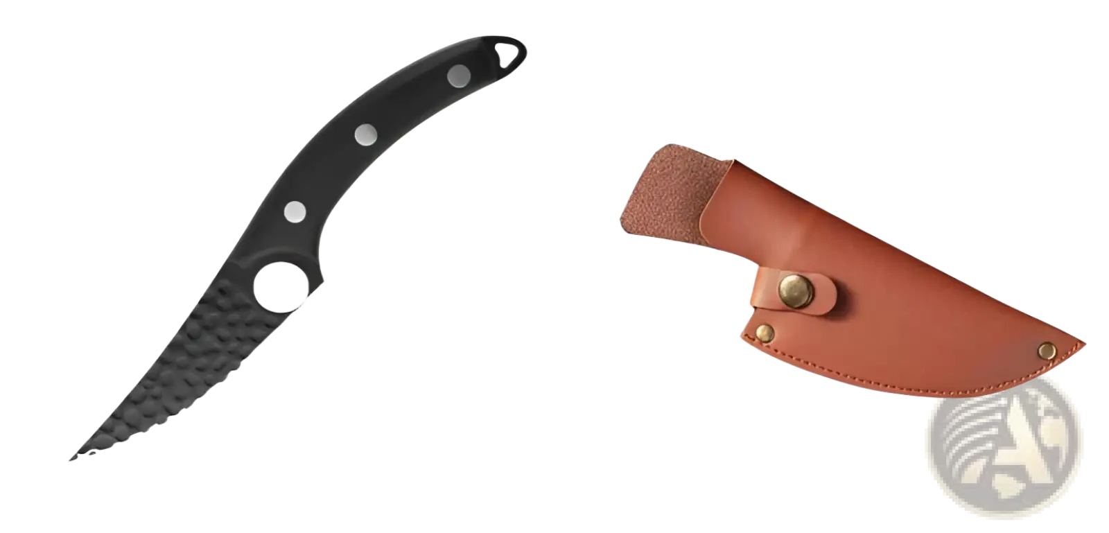 Hammered steel boning knife with black handle, textured blade, and three circular rivets for precise meat trimming