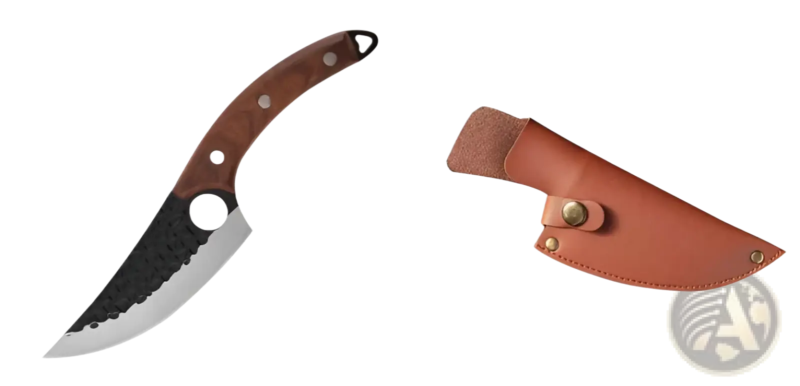 Hammered steel boning knife with brown wooden handle and black silver hammered textured blade with leather sheath