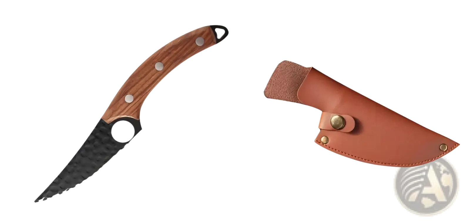 Wooden-handled hammered steel boning knife with black textured blade and silver edge in leather sheath