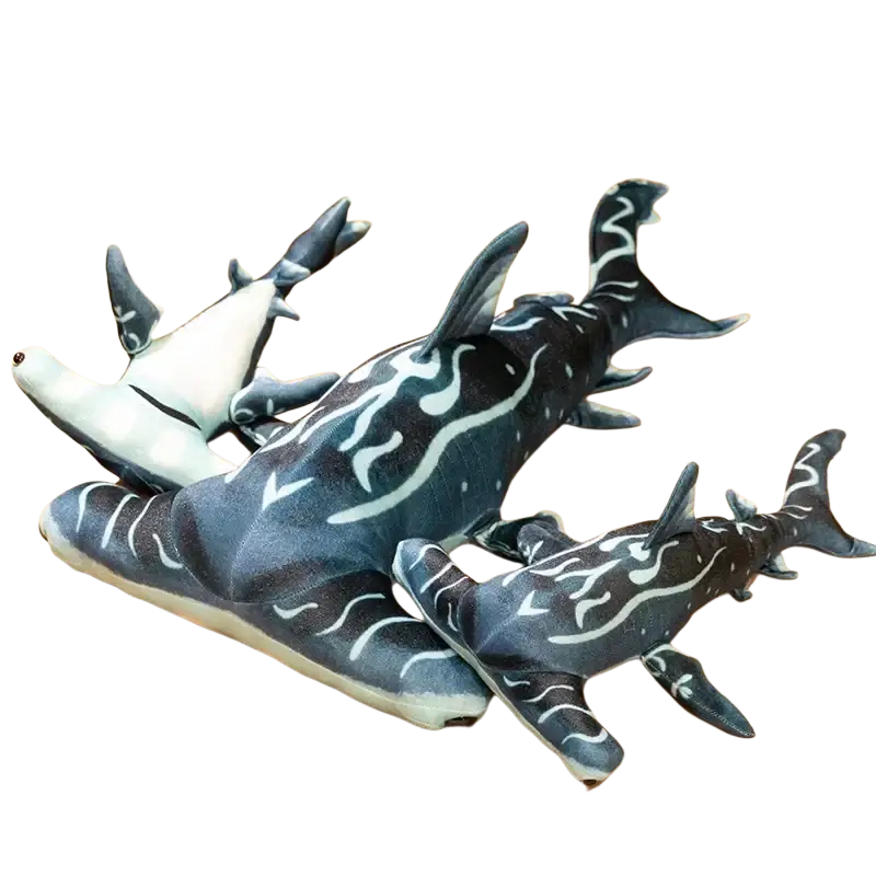 Hammerhead shark plush pillow soft toy with black and white flame patterns made of soft plush material