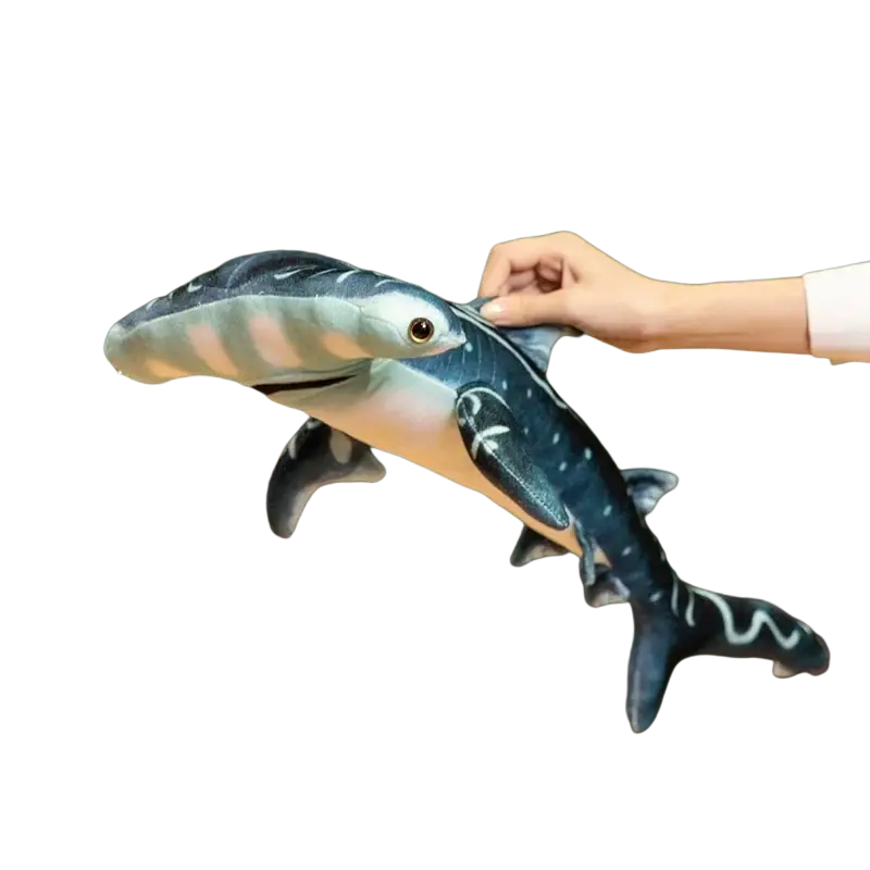 Hammerhead shark plush pillow soft toy with dark blue and white patterned body detailed eyes and soft fabric texture