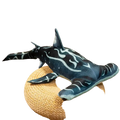 A dark blue hammerhead shark plush pillow soft toy with white flame patterns resting on a woven circular stool