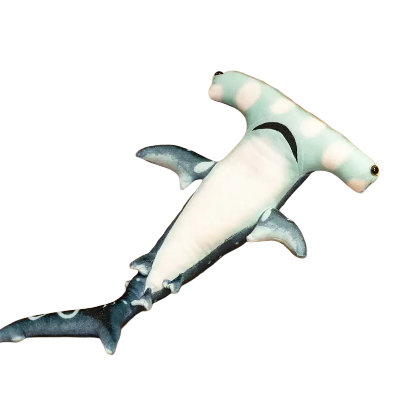 Hammerhead shark plush pillow soft toy in light blue and white with black gill and eye accents made of plush material