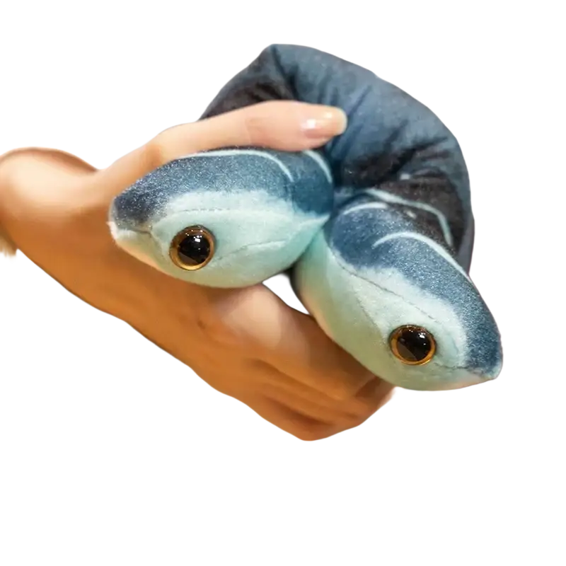Hammerhead shark plush pillow soft toy featuring two intertwined blue and light teal snakes with shiny gold eyes