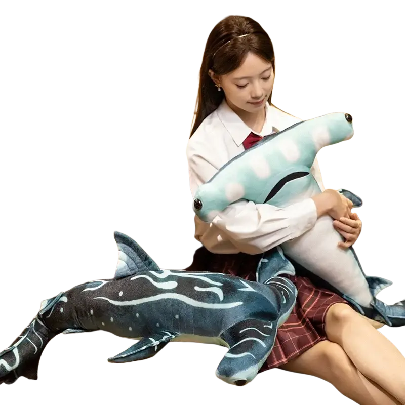 Hammerhead shark plush pillow soft toy with light blue body, white polka dots, and dark gray patterned fins