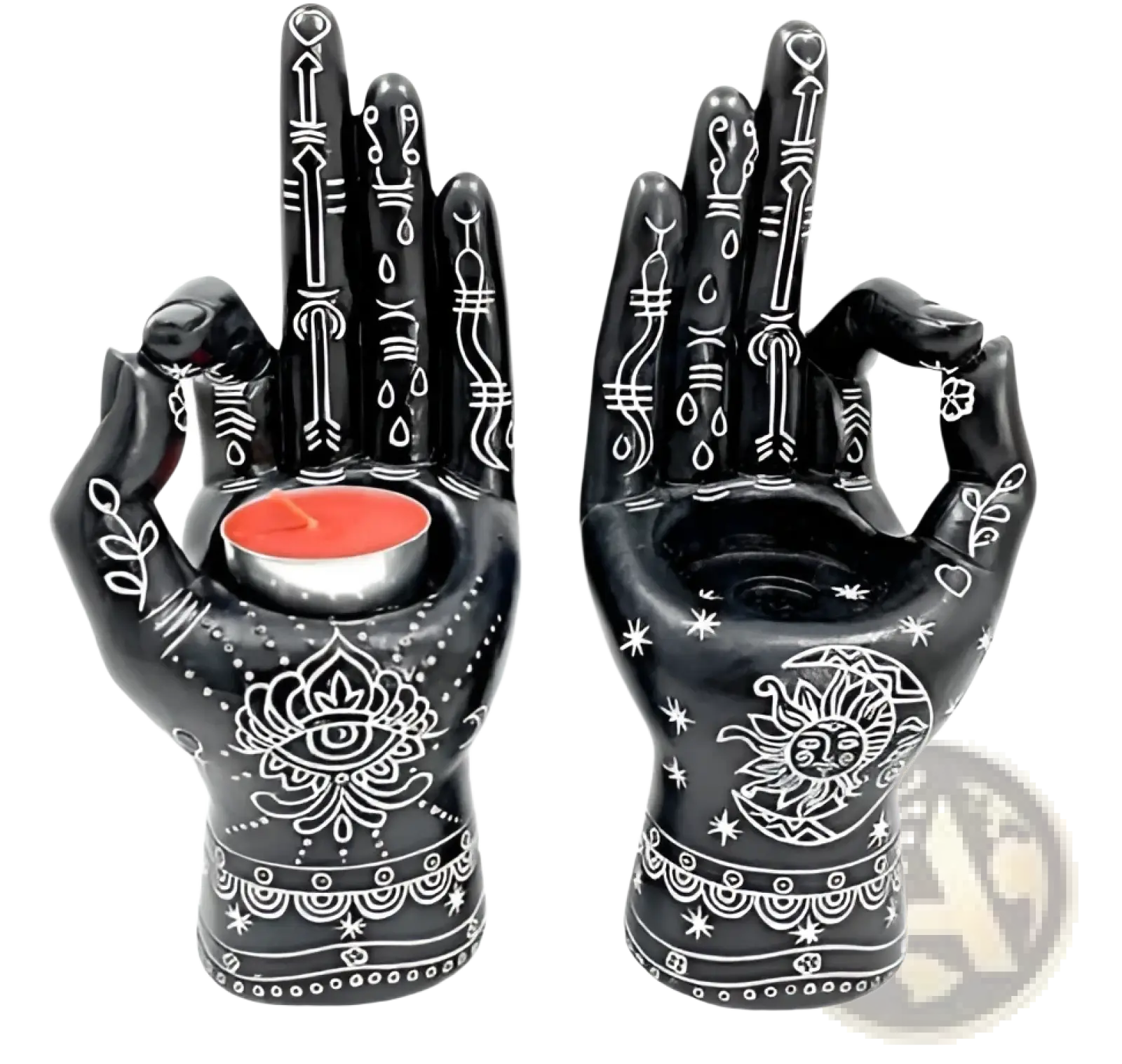 Black ceramic hamsa hand incense burner and candle holder figurine with intricate white henna style patterns and symbols