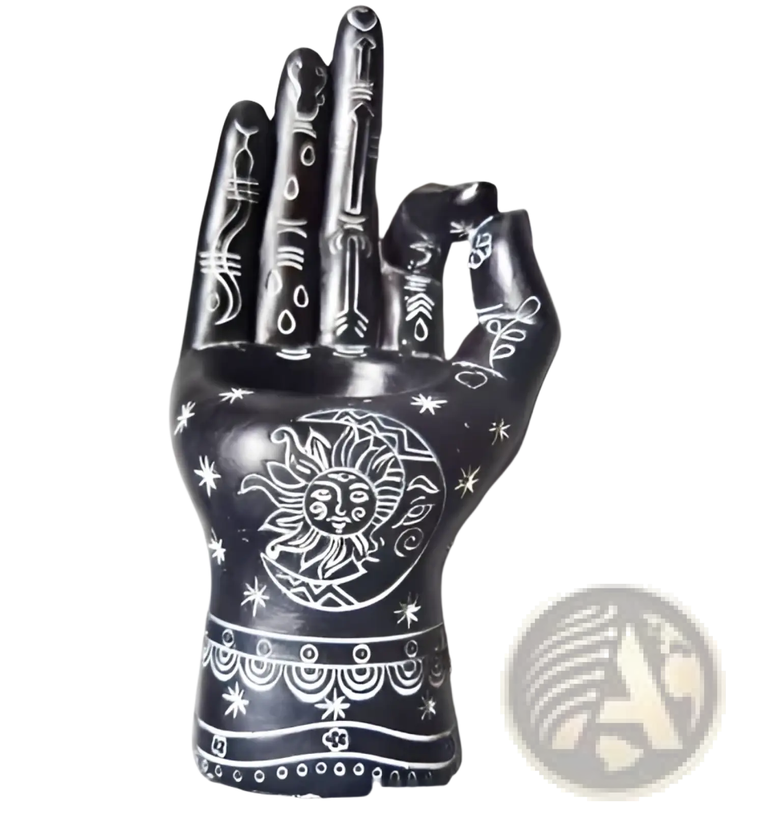 Black hamsa hand incense burner and candle holder figurine with intricate white sun and moon etched designs on palm