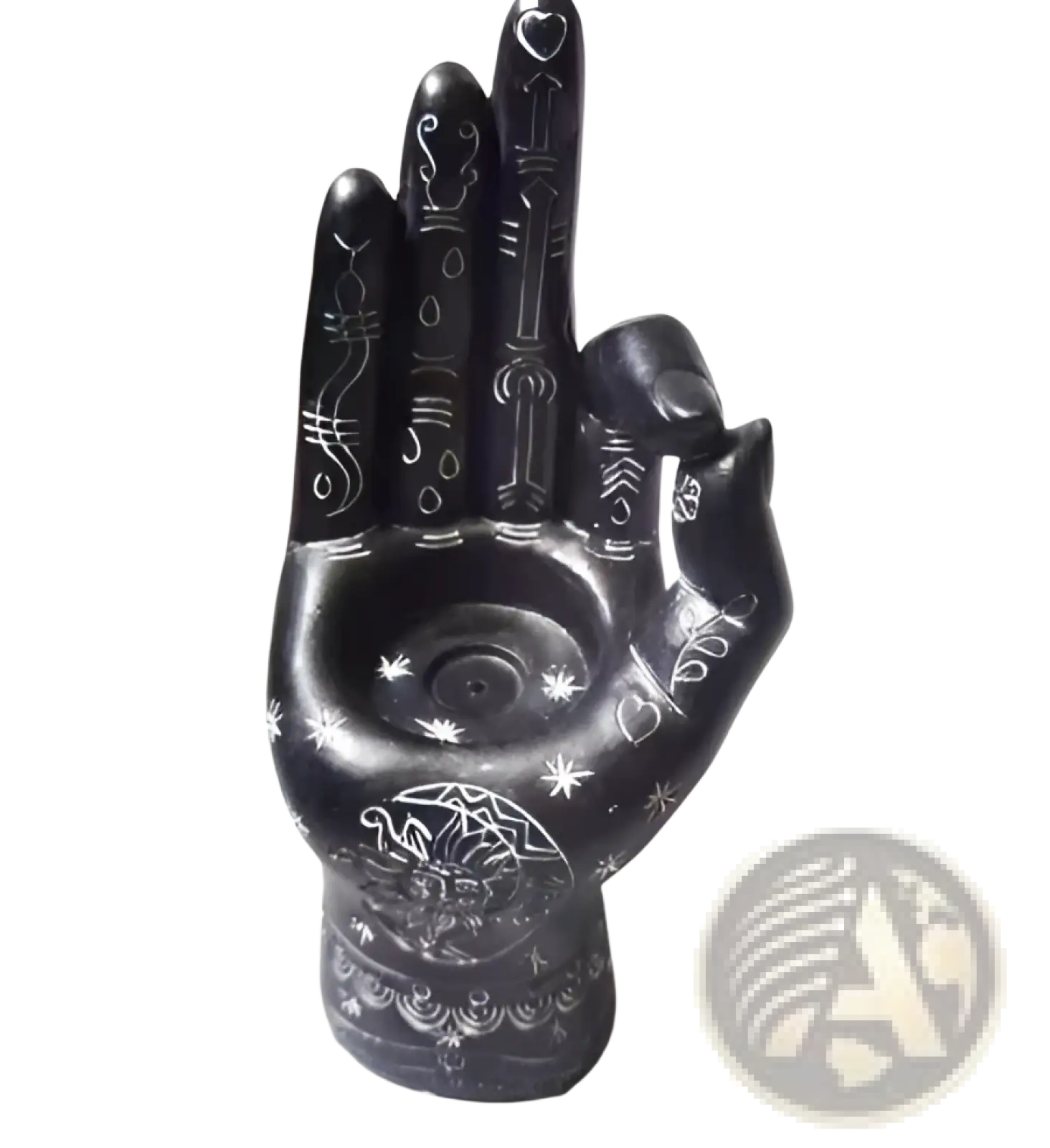 Black hamsa hand incense burner and candle holder figurine with intricate white engraved patterns and central circular indentation