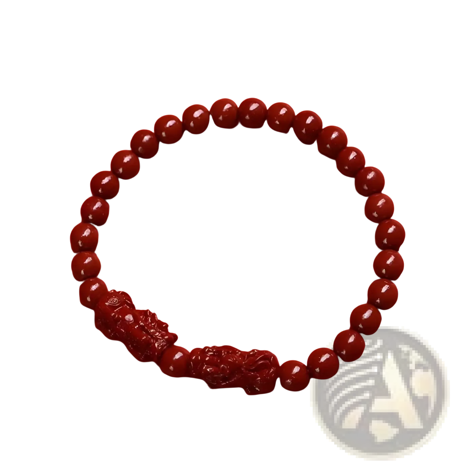 Hand carved purple gold cinnabar double pixiu bracelet featuring deep red 6mm spherical beads with intricate carvings