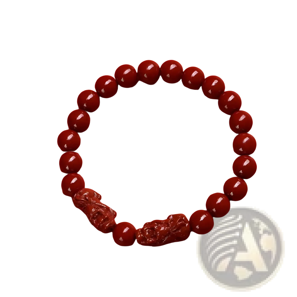 Red 8mm round bead bracelet featuring two hand carved purple gold cinnabar double pixiu charms