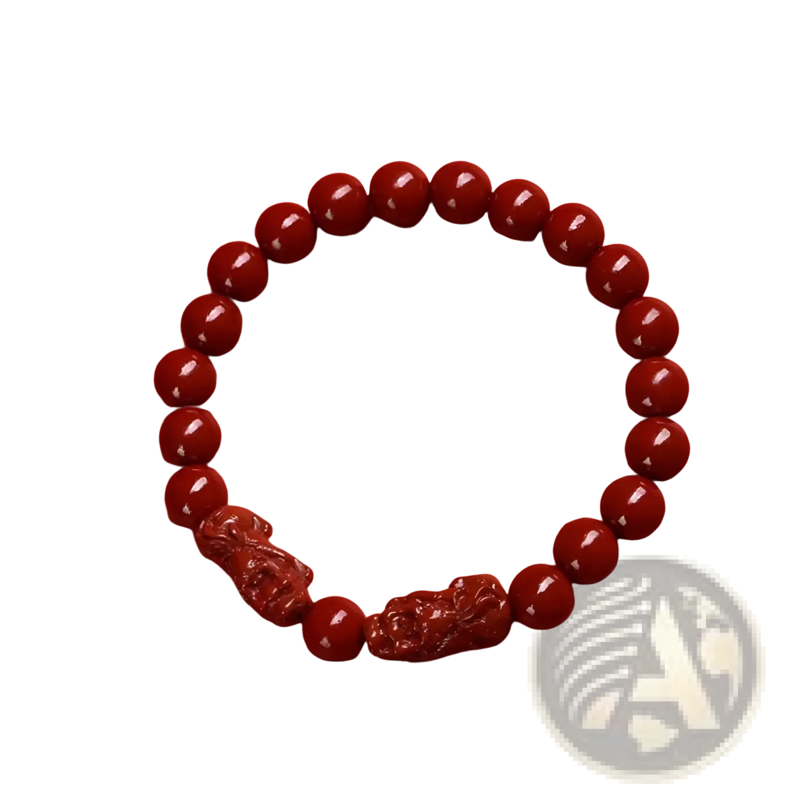 Red 8mm round bead bracelet featuring two hand carved purple gold cinnabar double pixiu charms