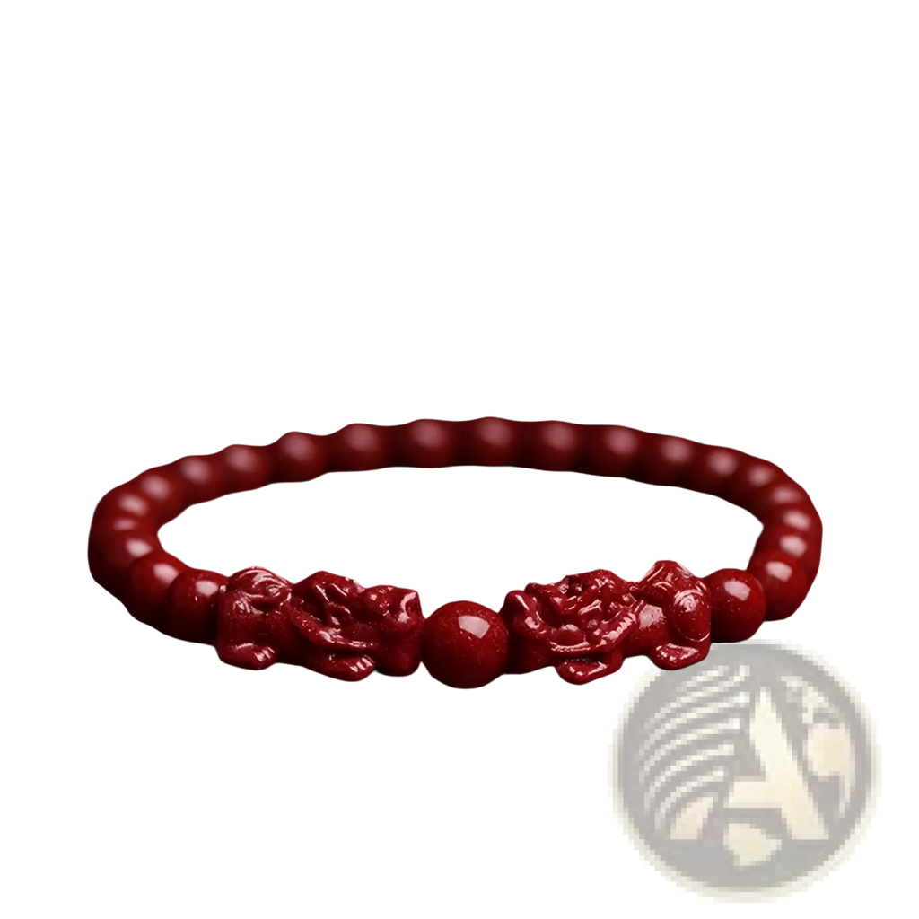 Hand carved purple gold cinnabar bracelet with rich crimson beads and intricate dragon motifs for elegant wear